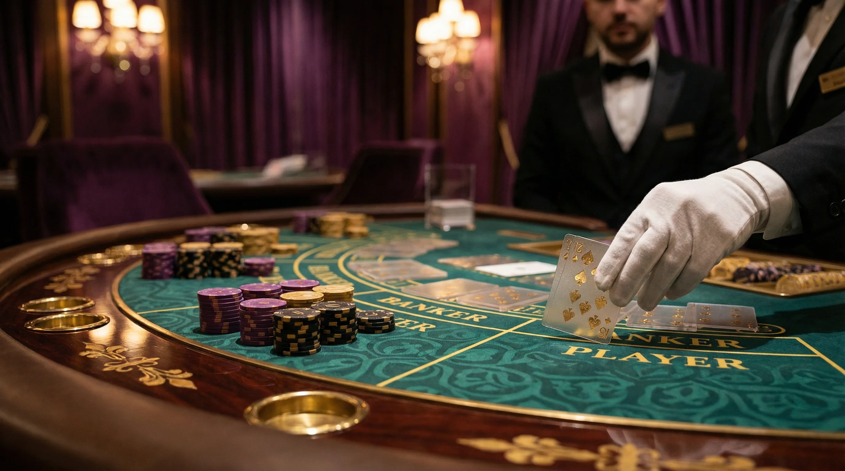 Mesa de bacará elegante con cartas y fichas doradas